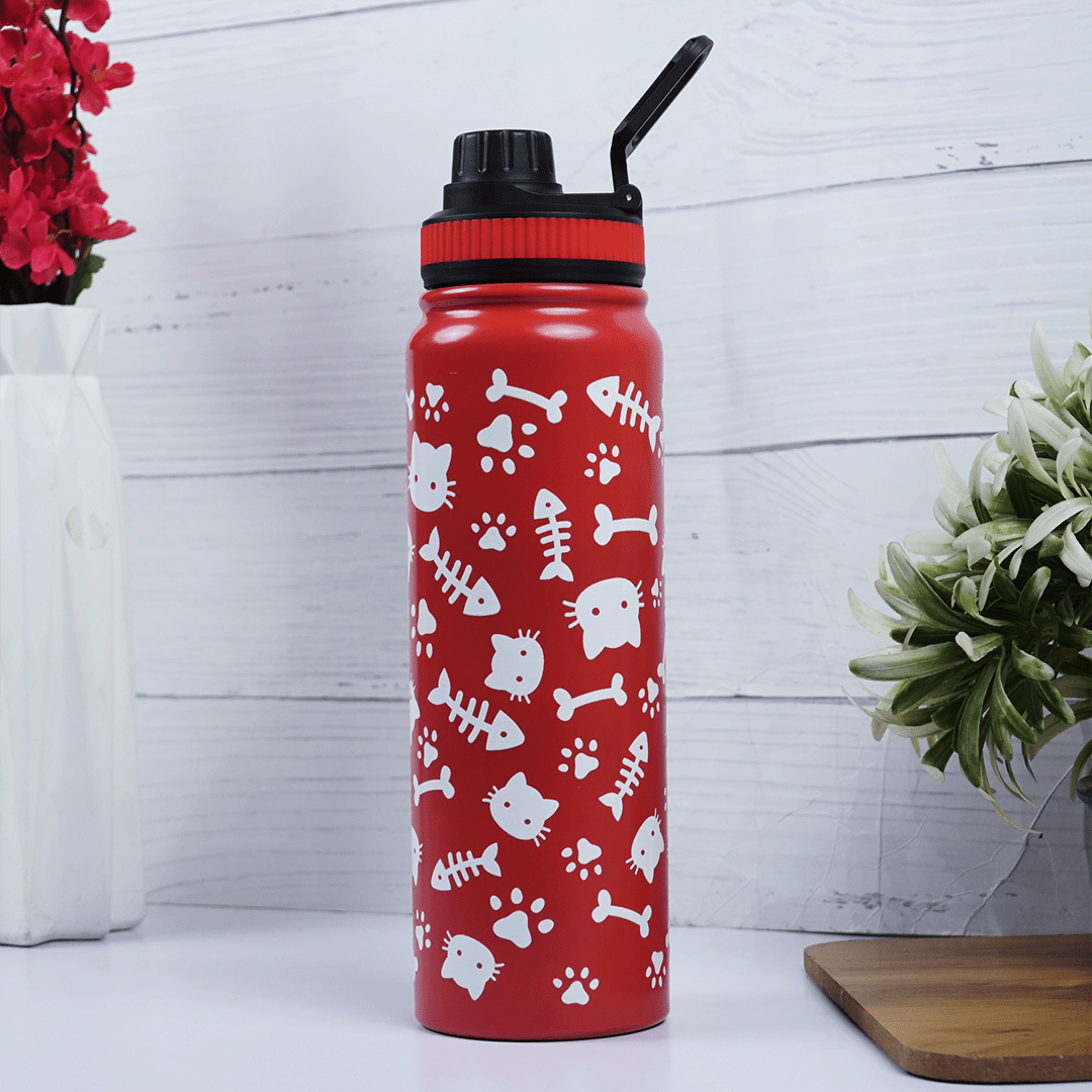 Cute Cat Print Stainless Steel Water Bottle - Memories InsiteCUTE CAT PRINT WATER BOTTLE RED 800 ML